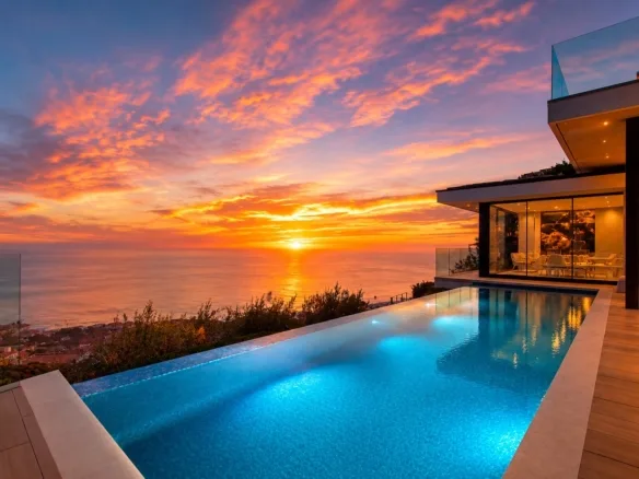 Twilight aerial view of the illuminated home and pool at 627 Nyes Pl, Laguna Beach