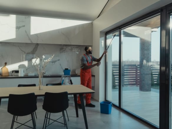 A professional cleaner in uniform washing large glass windows indoors with natural light streaming in. — Corona del Mar real