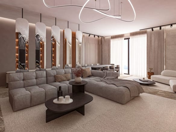 Elegant living room with grey sofa, trendy lighting, and modern decor. — Laguna Beach real estate