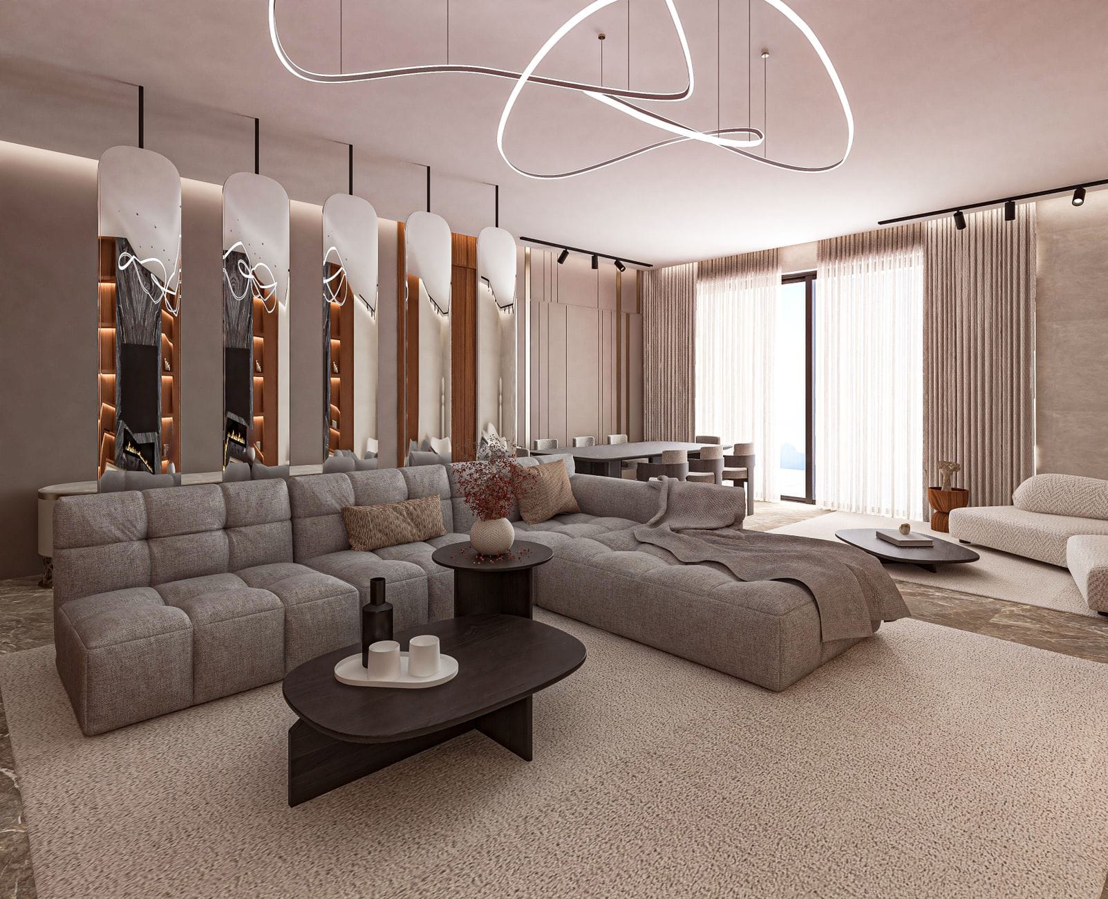 Elegant living room with grey sofa, trendy lighting, and modern decor. — Laguna Beach real estate