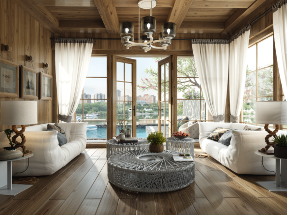 Elegant living room with stunning waterfront view featuring modern decor and natural light. — Laguna Niguel real estate