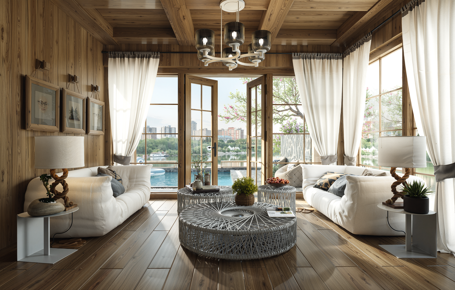 Elegant living room with stunning waterfront view featuring modern decor and natural light. — Laguna Niguel real estate